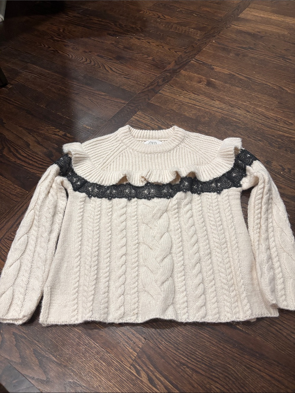 Girls Cream Cable-Knit Sweater with Black Lace Yoke by Zara